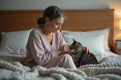 Femme en pyjama caressant un chat gris sur le lit