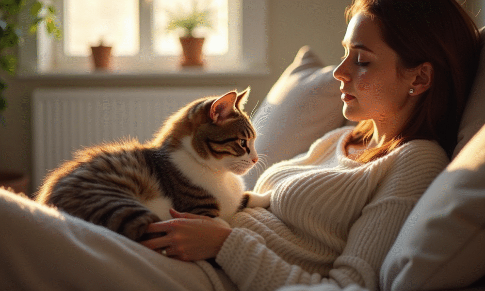 Jeune femme relaxant avec un chat tigré sur le sofa