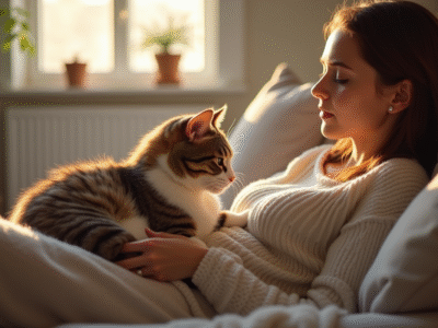 Jeune femme relaxant avec un chat tigré sur le sofa
