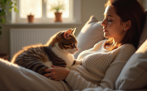 Jeune femme relaxant avec un chat tigré sur le sofa