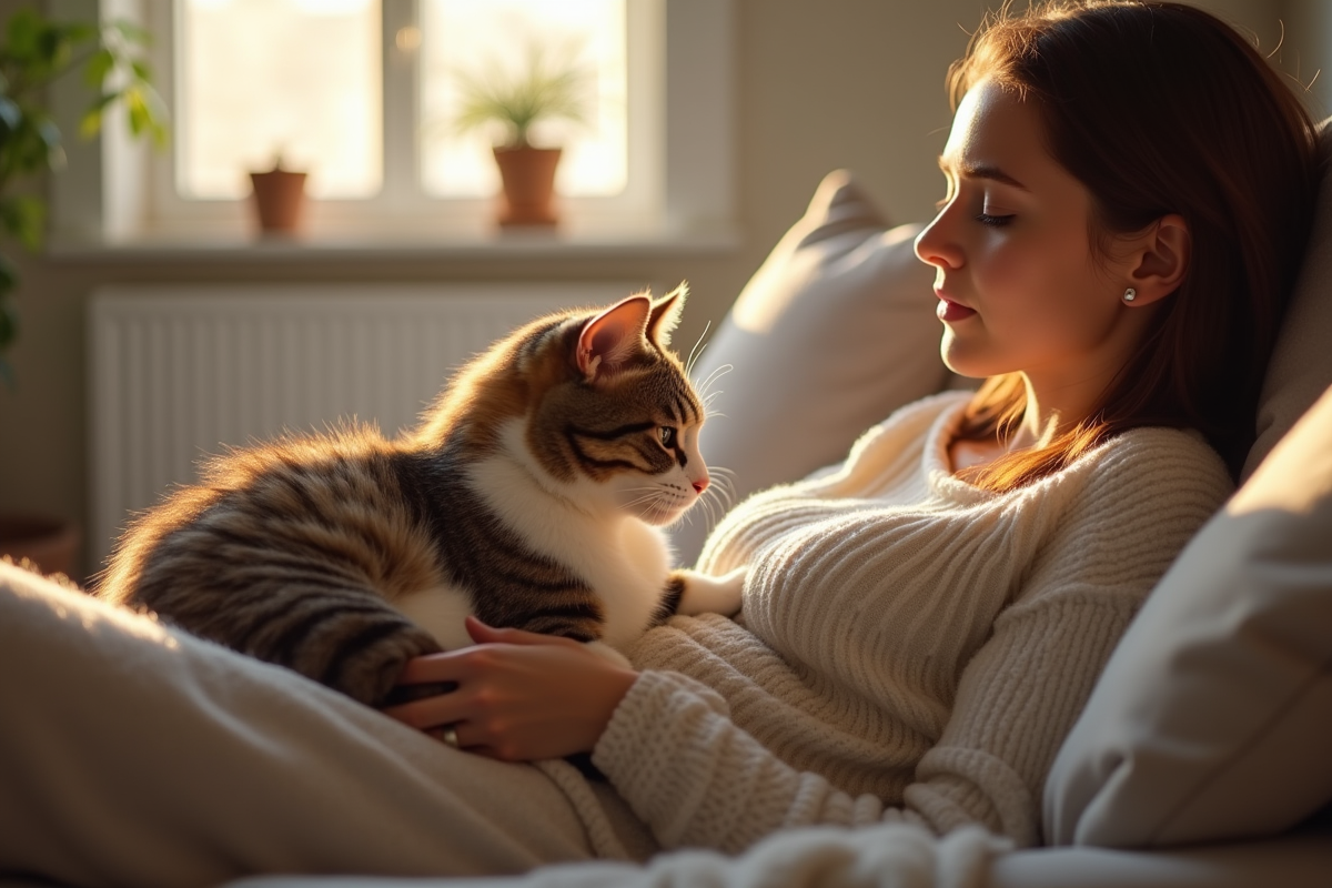 Jeune femme relaxant avec un chat tigré sur le sofa