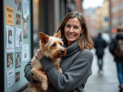 Femme avec chien rescue dans la rue en ville