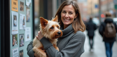 Femme avec chien rescue dans la rue en ville