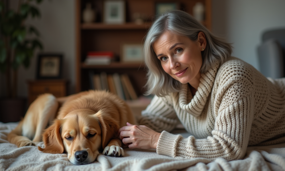 Femme douce caressant un vieux retriever dans un salon chaleureux