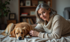 Femme douce caressant un vieux retriever dans un salon chaleureux