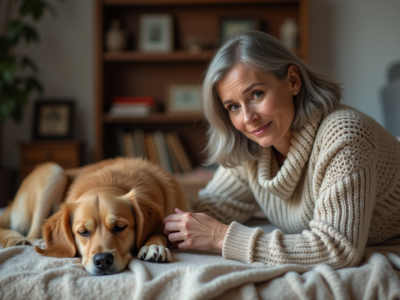 Femme douce caressant un vieux retriever dans un salon chaleureux