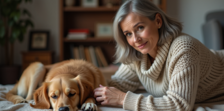 Femme douce caressant un vieux retriever dans un salon chaleureux