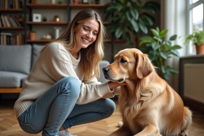 Femme souriante caressant un retriever dans un salon chaleureux