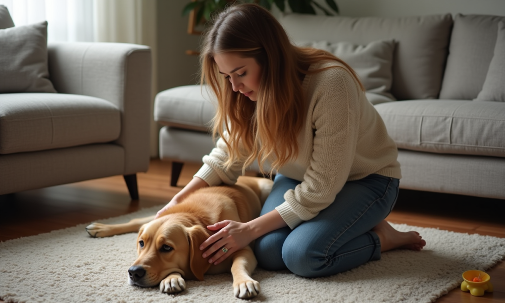 Jeune femme caressant un retriever dans le salon