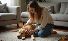 Jeune femme caressant un retriever dans le salon