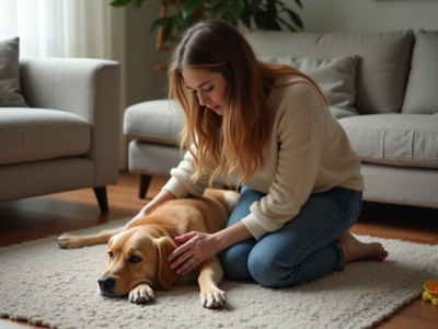 Jeune femme caressant un retriever dans le salon