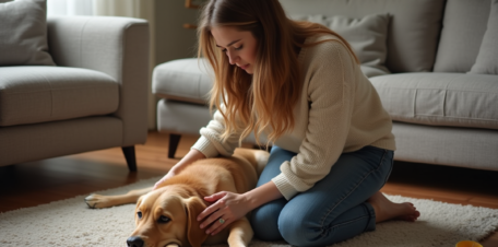 Jeune femme caressant un retriever dans le salon