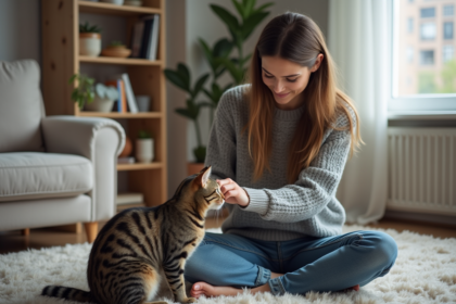 Jeune femme avec chat dans un salon moderne et cosy