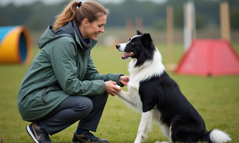 Femme en outdoor avec son chien lors d'une compétition d'agilité