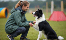 Femme en outdoor avec son chien lors d'une compétition d'agilité