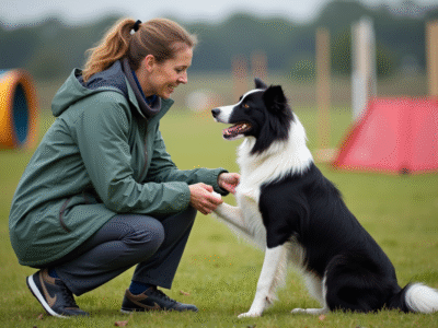 Femme en outdoor avec son chien lors d'une compétition d'agilité