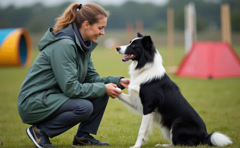 Femme en outdoor avec son chien lors d'une compétition d'agilité