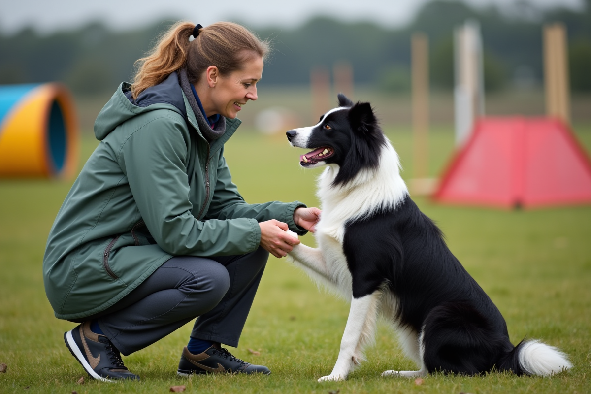 Femme en outdoor avec son chien lors d'une compétition d'agilité