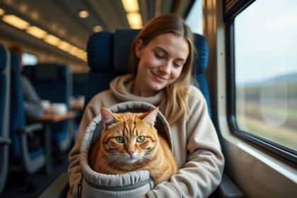 Femme voyageant avec son chat dans un train moderne