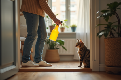 Jeune femme avec spray citronné près de la porte