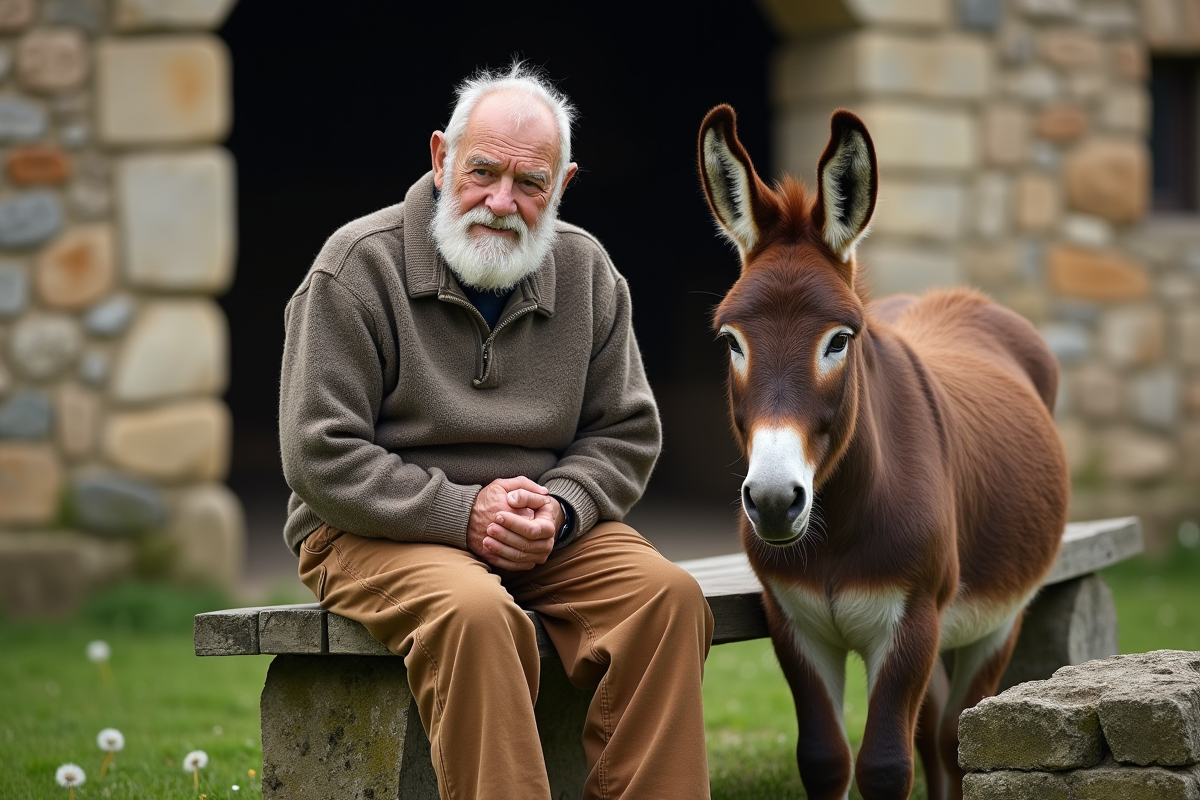 Vieux fermier et âne dans un paysage champêtre