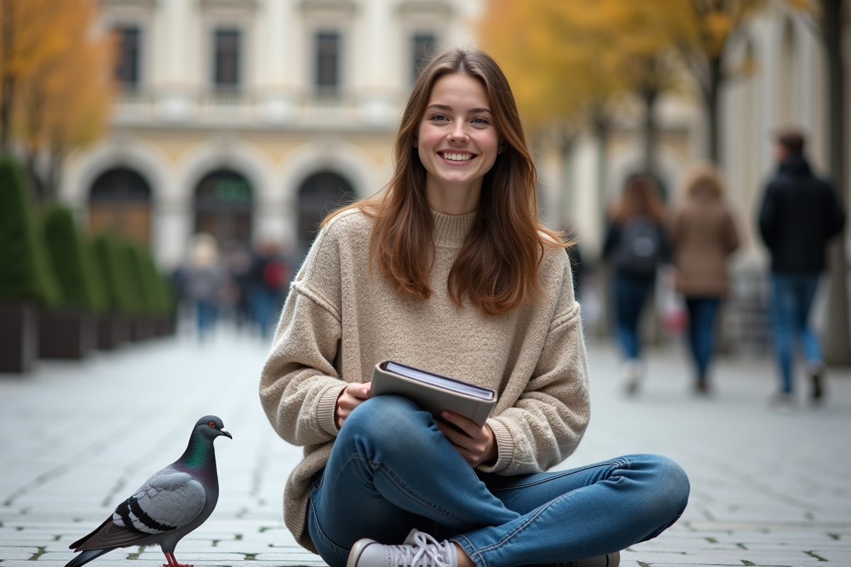 Jeune femme souriante avec pigeon sur la jambe en ville