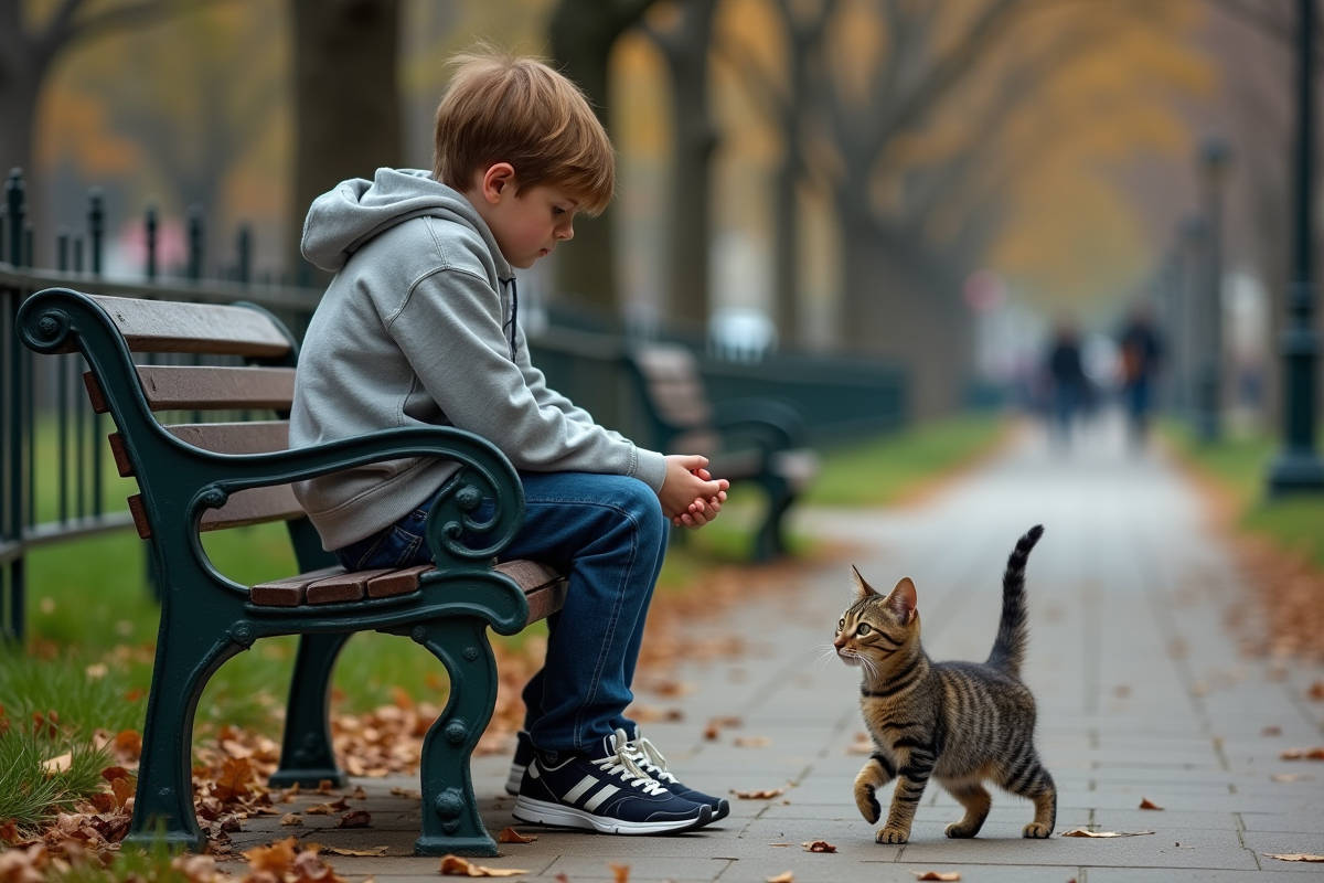 Adolescent assis sur un banc de parc avec un chat errant à ses côtés