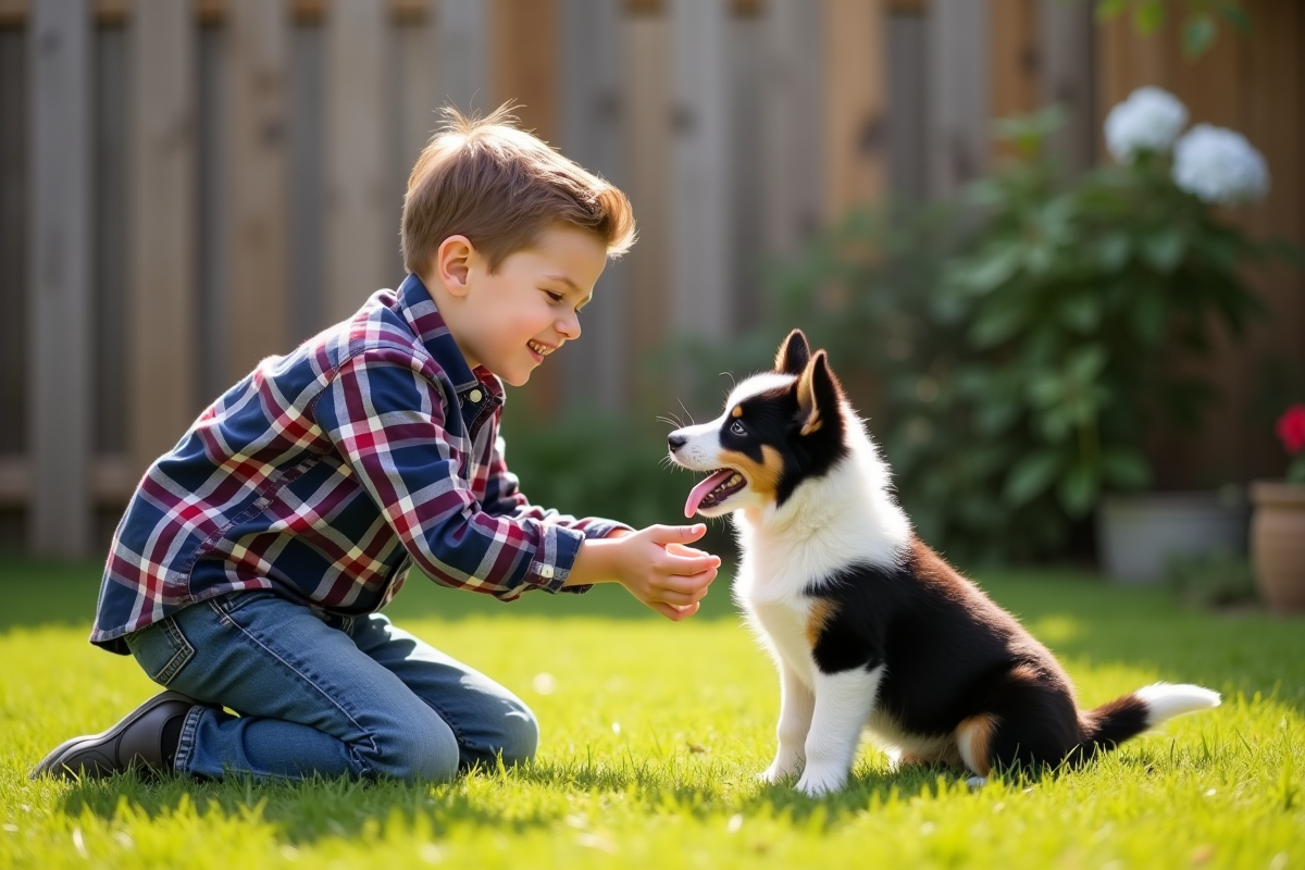 Garçon de 10 ans avec chiot border collie dans le jardin