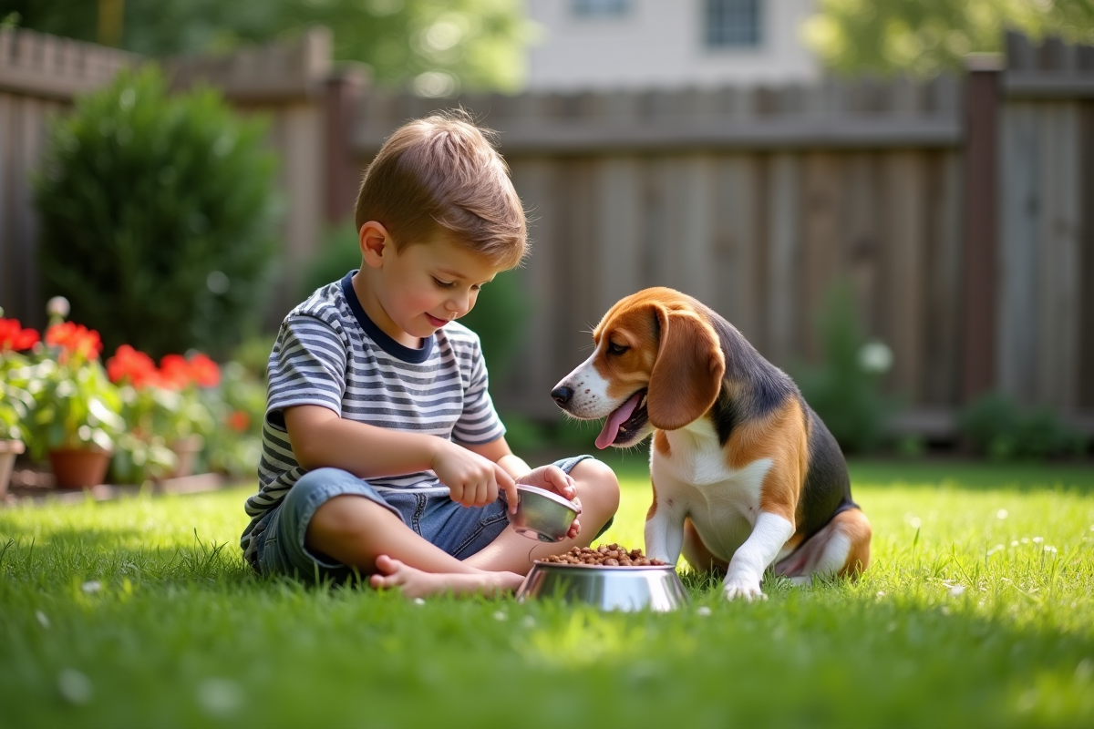 Jeune garçon donnant de la nourriture à un beagle dans le jardin ensoleille