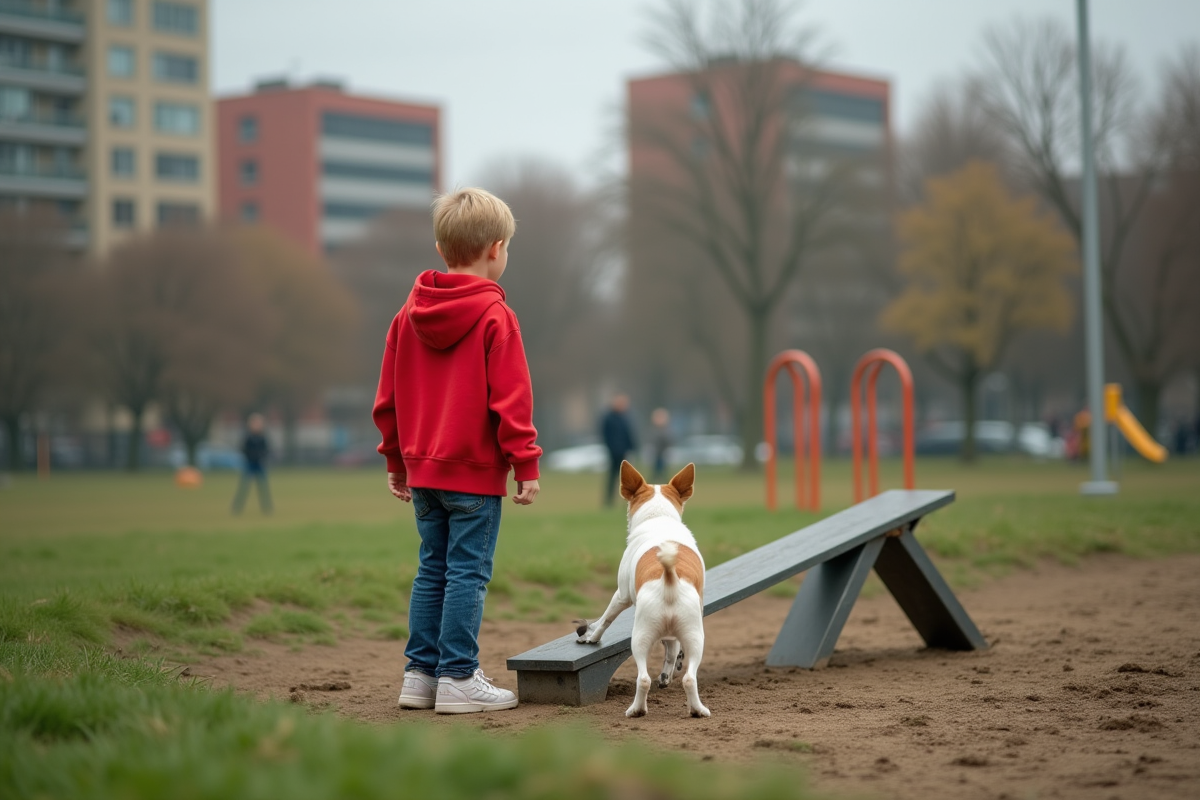 Jeune garçon regarde son chien sur un parcours d