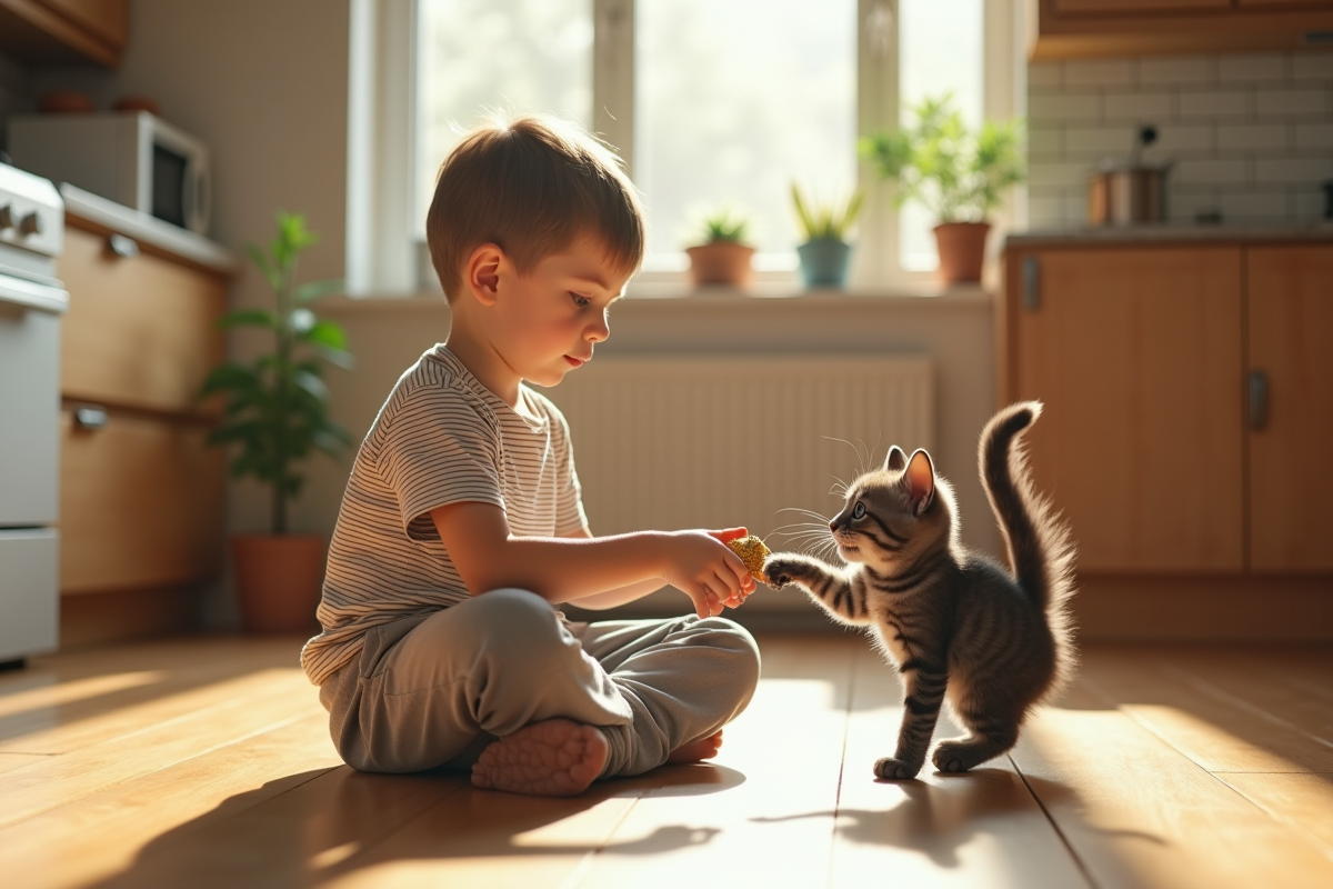 Garçon jouant avec un chaton dans la cuisine lumineuse