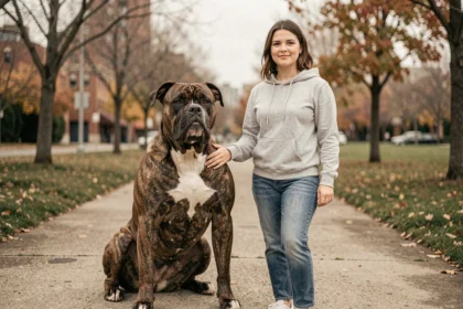 Femme promenant calmement un American Bully XXL musclé dans un parc urbain, illustrant une gestion sereine et confiante d'un chien puissant au quotidien
