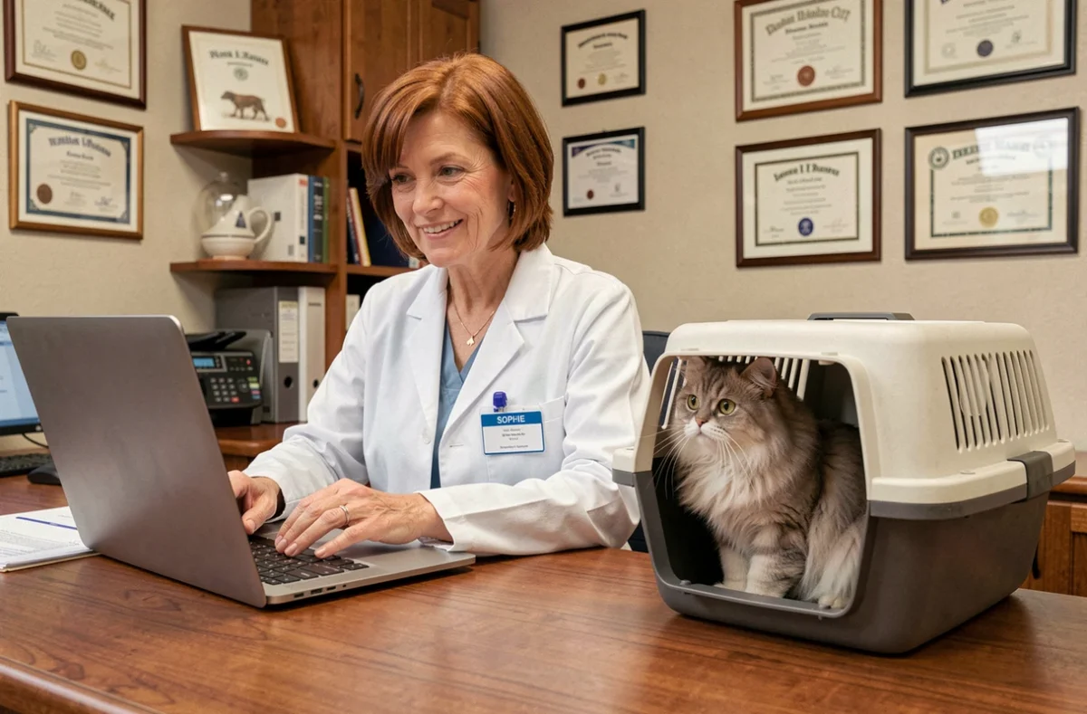 Vétérinaire Sophie Girardier consultant des dossiers médicaux avec un chat persan dans son cabinet personnel