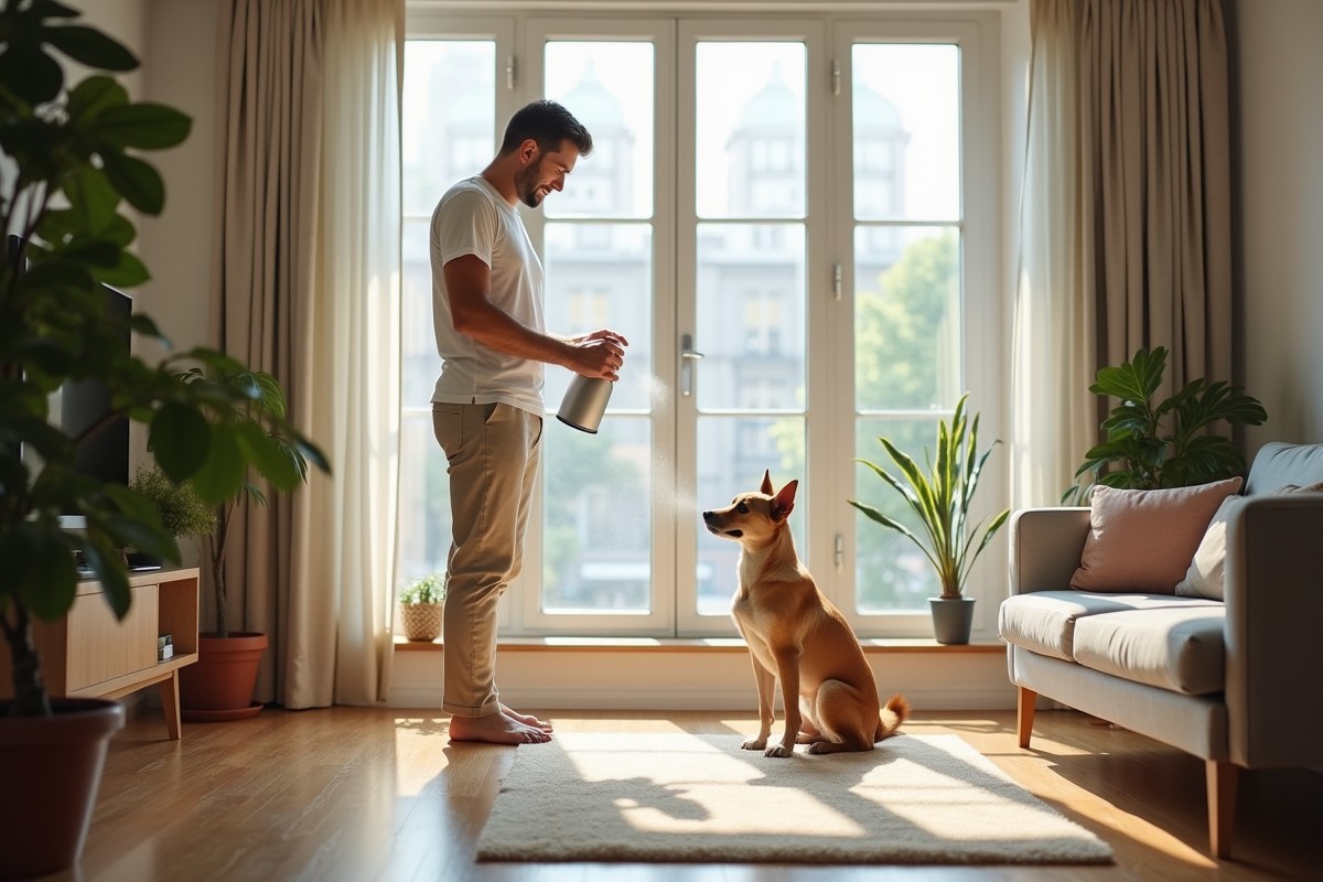 Homme avec chien dans un salon lumineux et accueillant