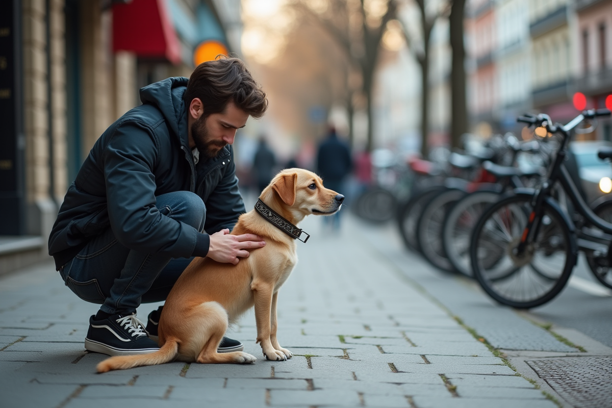 Jeune homme attachant le collier à son chien en ville