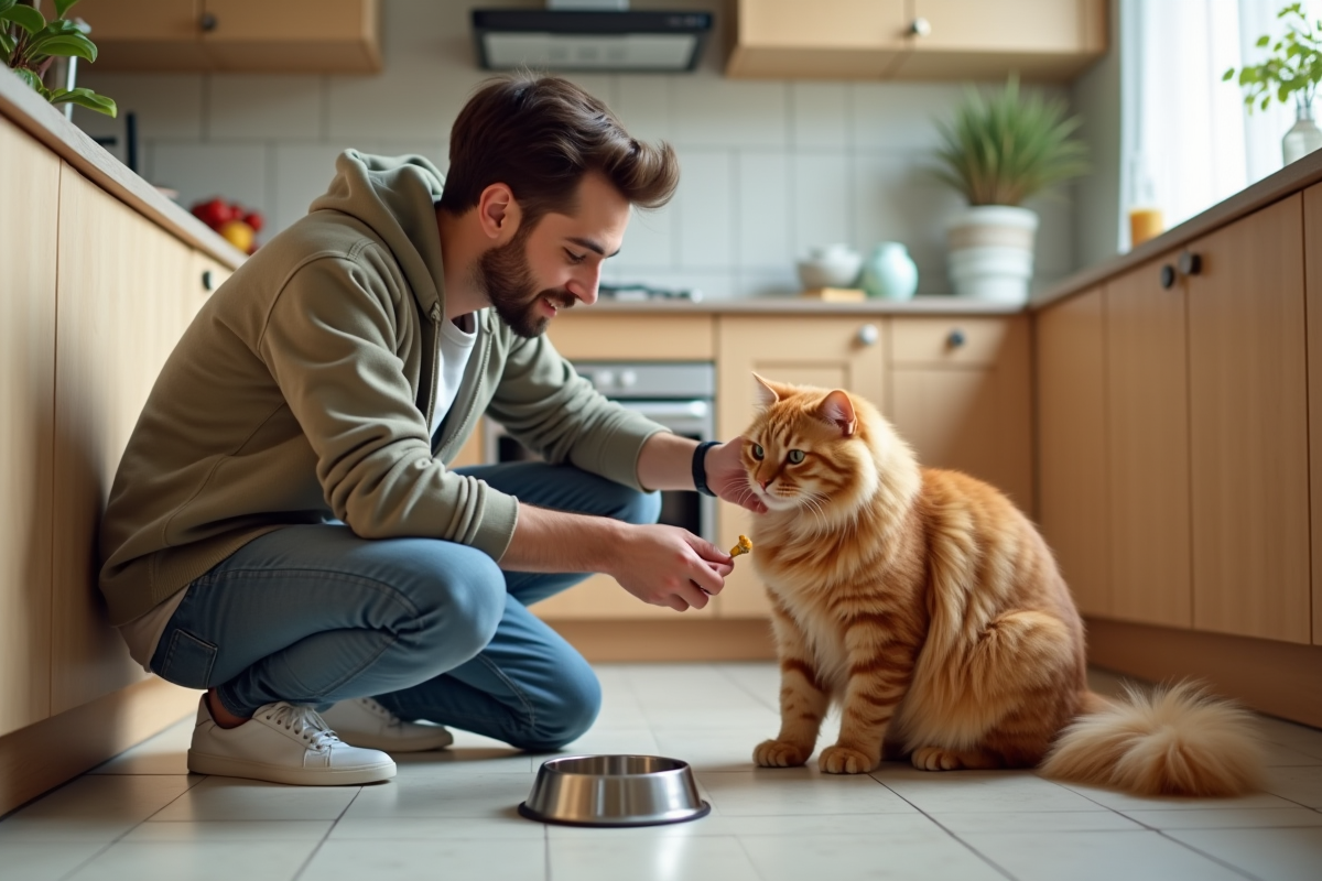 Jeune homme offrant une friandise à un chat ginger dans la cuisine