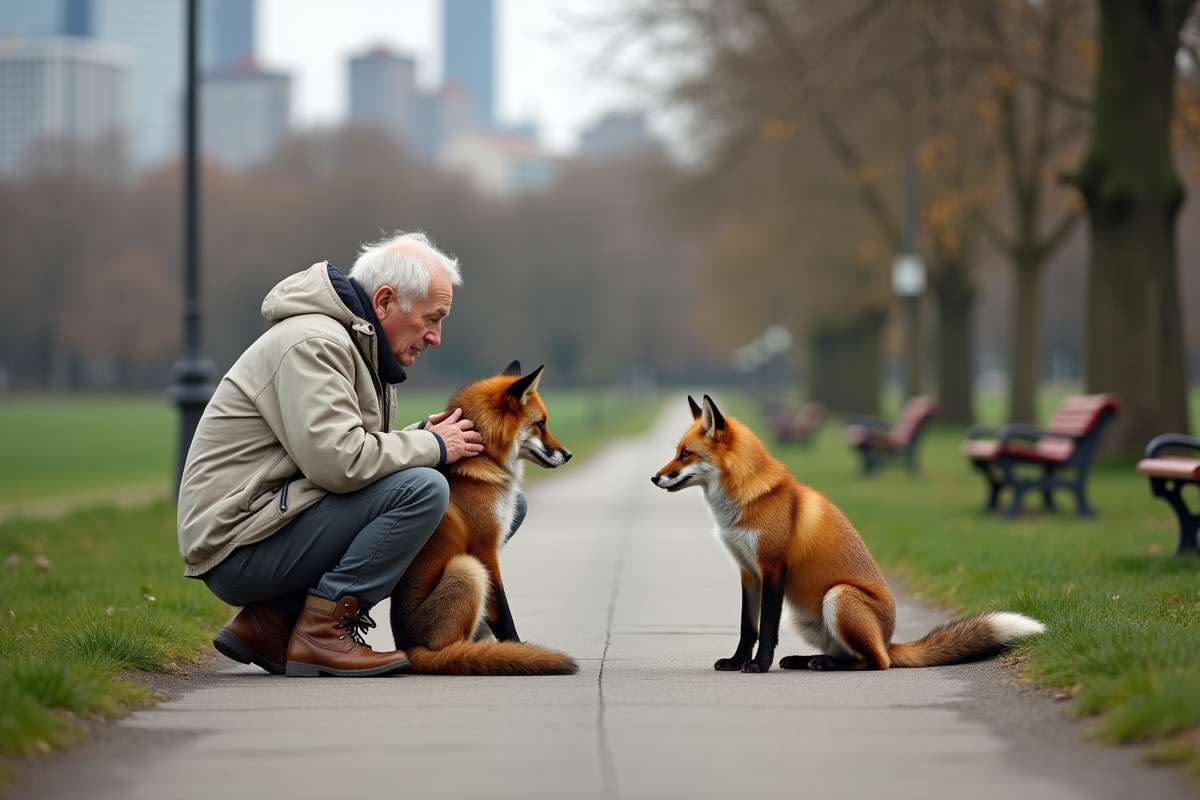 Homme avec chien regardant des renards dans un parc urbain