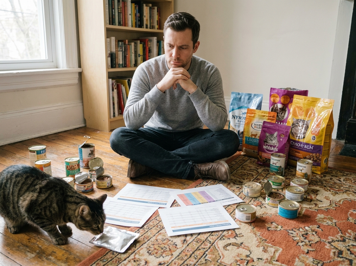 Homme assis sur le sol de son salon entouré de boîtes et sachets de nourriture pour chat, comparant les options nutritionnelles avec un chat curieux au premier plan