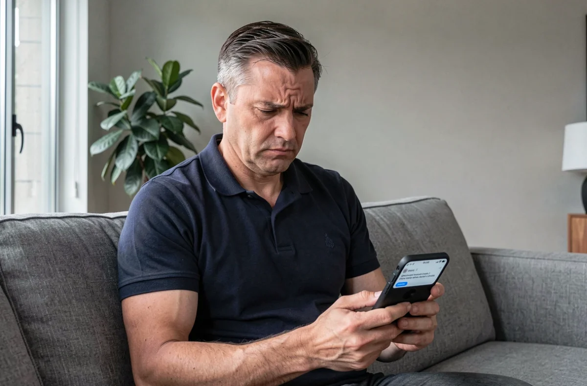 Homme consultant son smartphone avec un message d'erreur empêchant l'accès au tchat Cheri FM