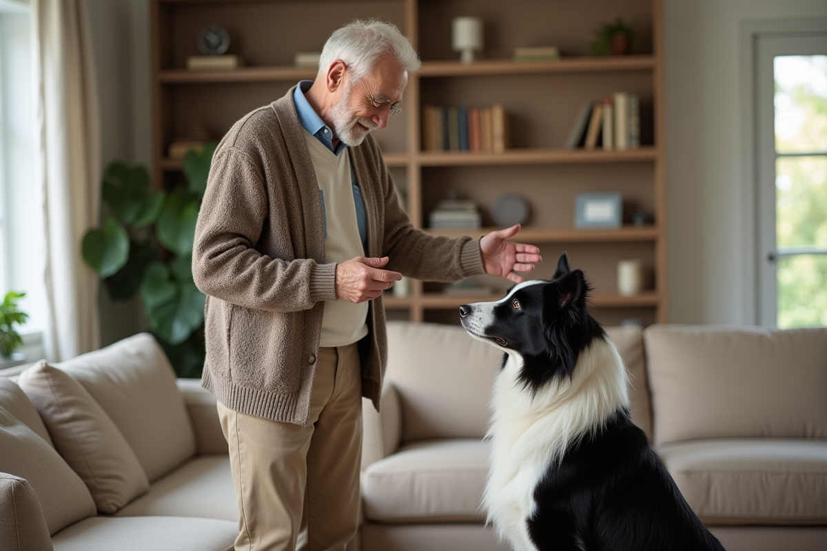 Homme âgé avec border collie dans un salon chaleureux