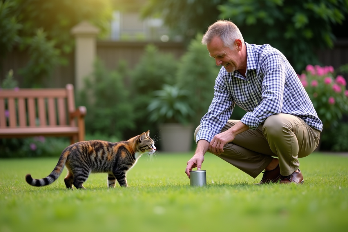 Homme dans un jardin donnant à manger à un chat calico