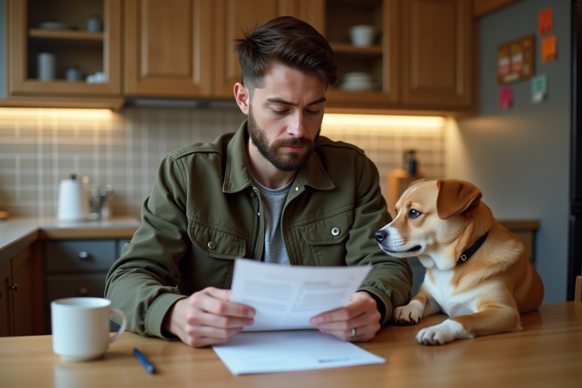 Jeune homme lit des papiers avec chien dans la cuisine