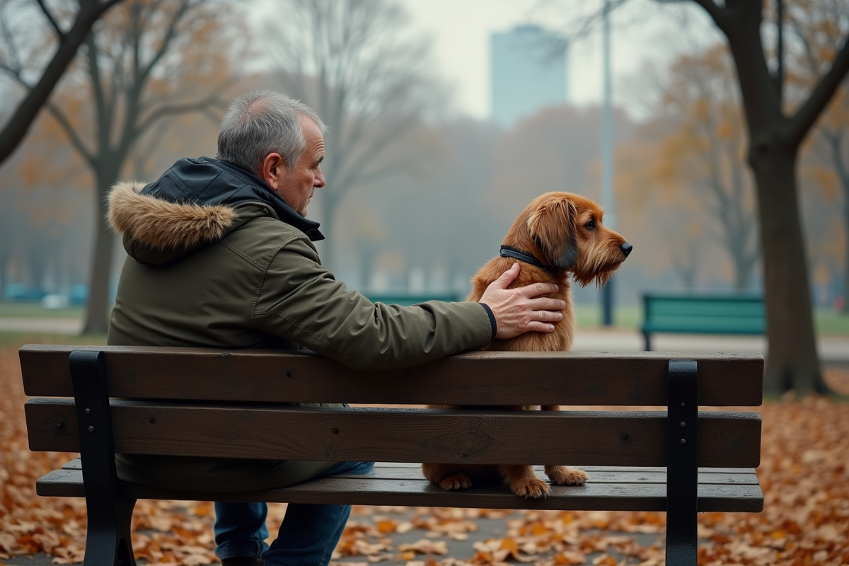 Homme assis avec son chien dans un parc automnal