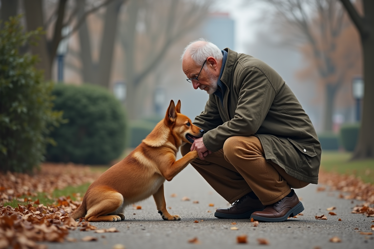 Homme rassurant son jeune chien dans un parc urbain