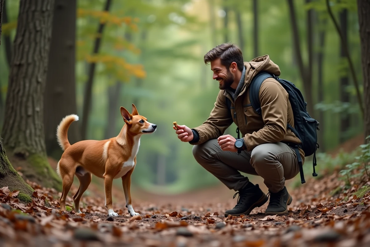 Jeune homme en randonnée avec un Basenji dans la forêt