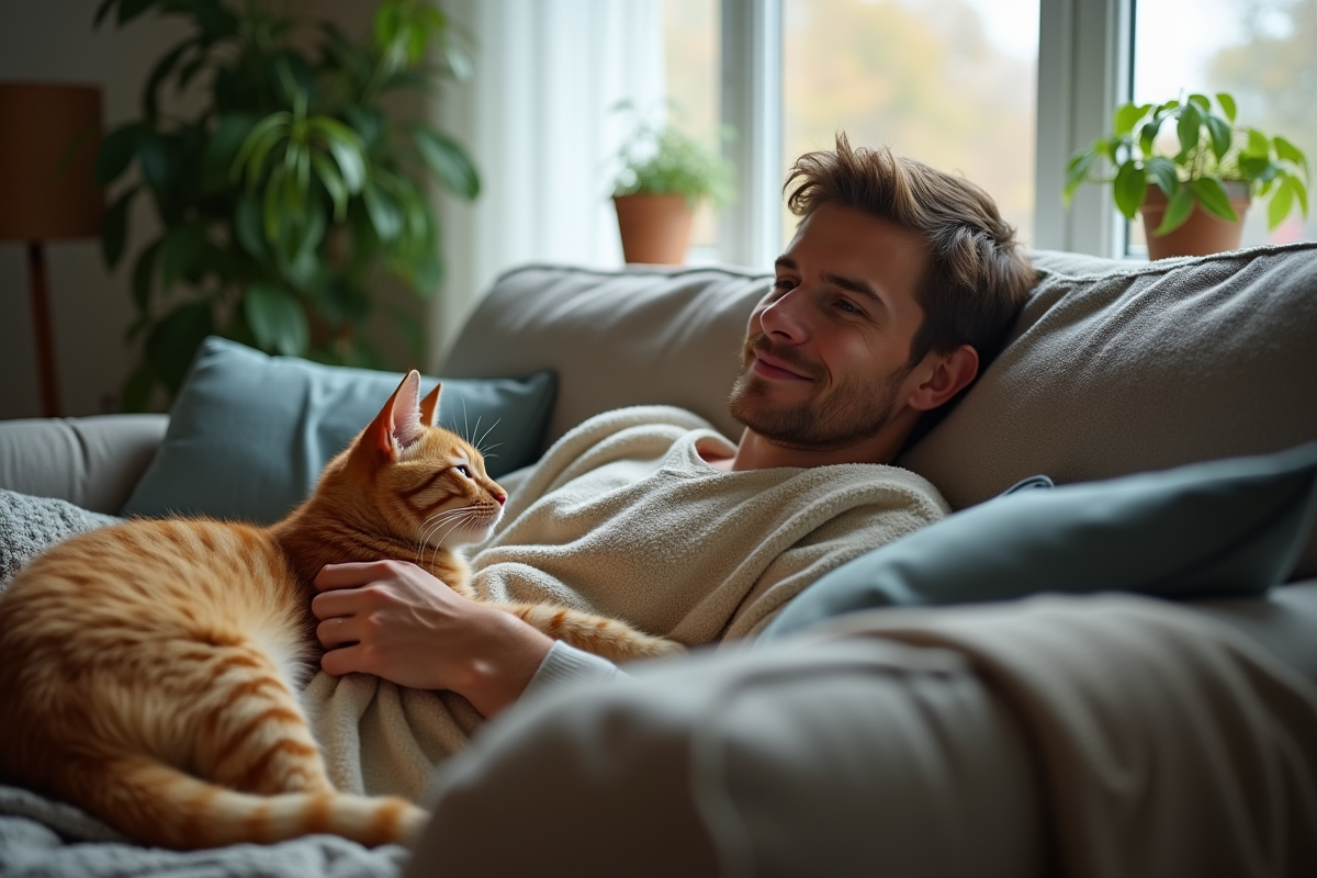 Jeune homme sur le canapé avec un chat ginger sur les genoux