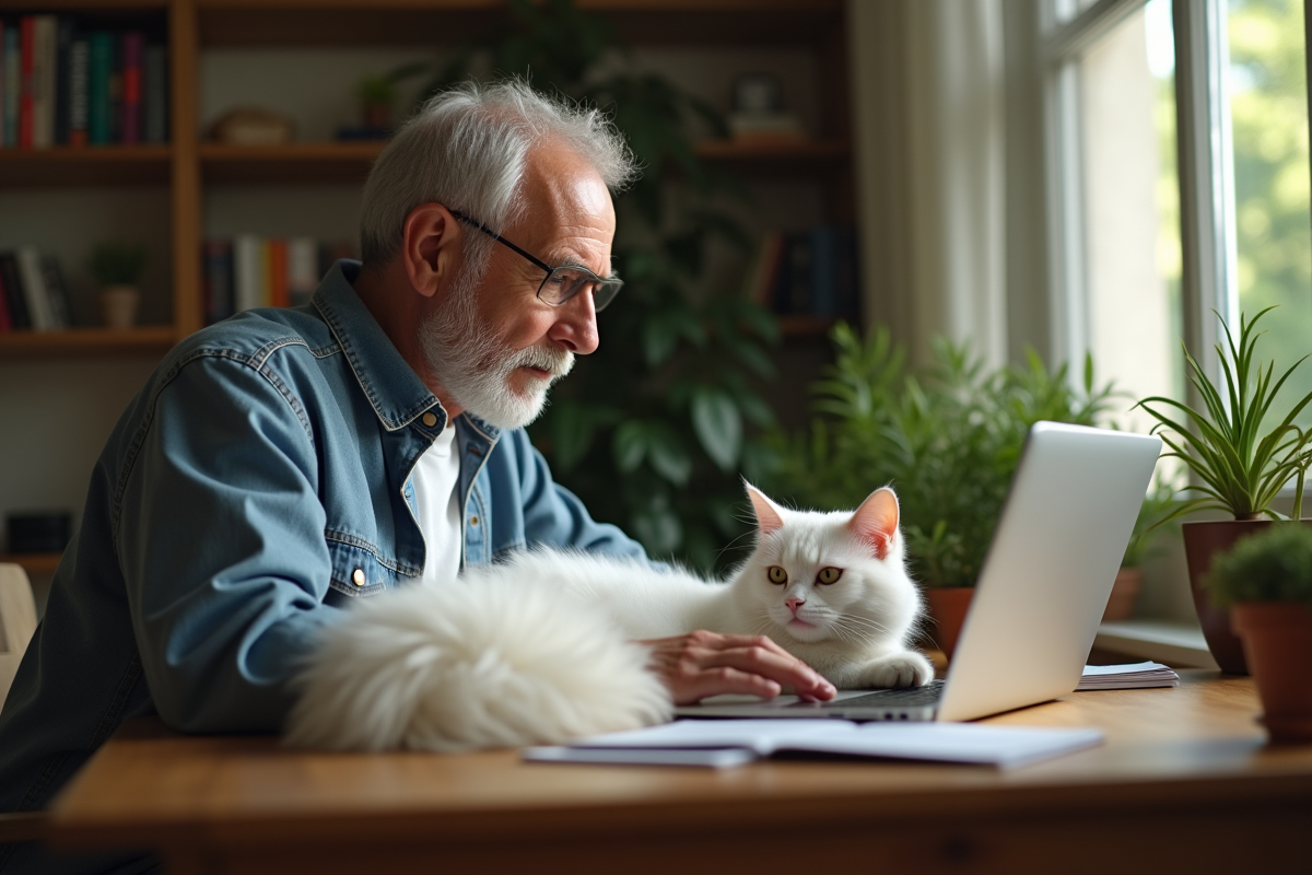 Homme travaillant sur un ordinateur avec un chat blanc à côté