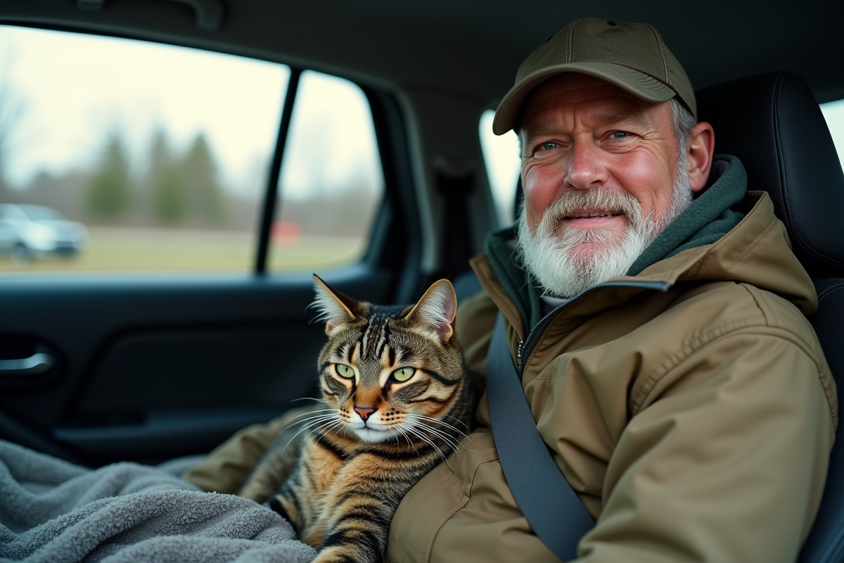 Homme en voiture avec son chat sur une couverture