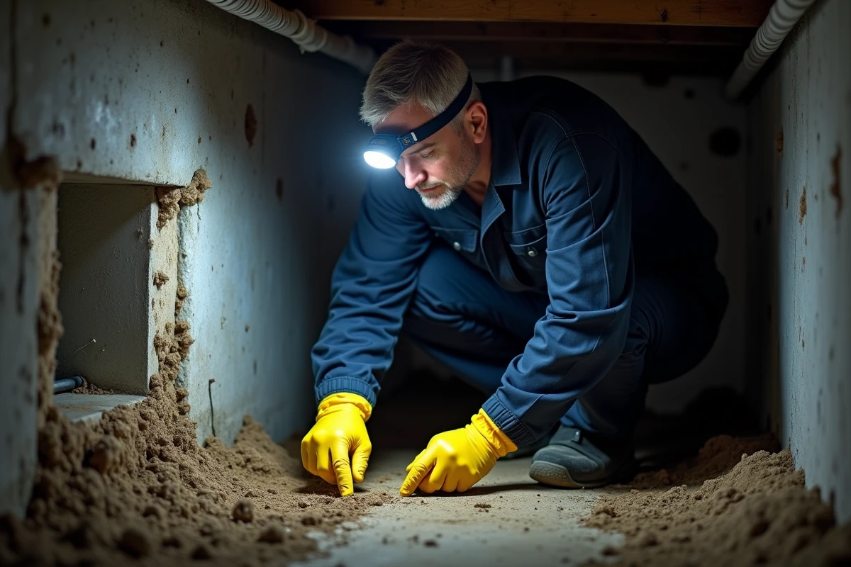 Inspecteur nuisibles examinant des crottes de fouine dans un vide sanitaire sous une maison