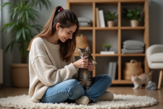 Jeune femme avec un chaton dans un salon cosy